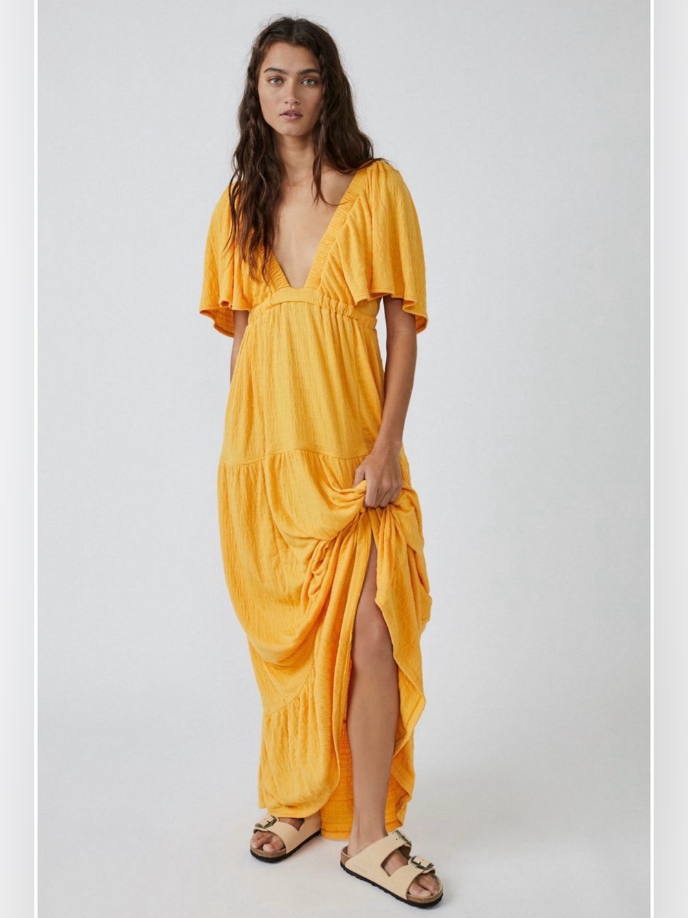 Free People La La Golden Yellow V-Neck Flutter Maxi Dress Size Small - Picture 8 of 12